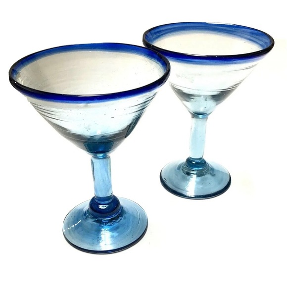2 Mexican Margarita Glass Hand Blown Cobalt Blue Stemmed 6" Martini Glasses - Picture 1 of 4